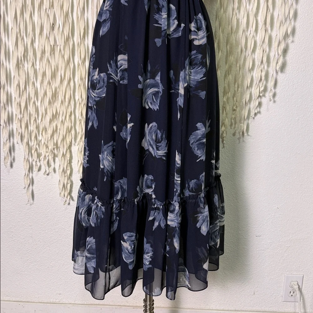Kate Spade Navy and Light Blue Floral Chiffon Embellished Midi Length Dress XS
